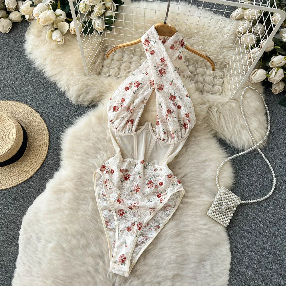 Magdalyn Women Halter Floral Print Rompers Fashion Korean Design Streetwear Party Combination Catsuits One Piece Mesh Bodysuits