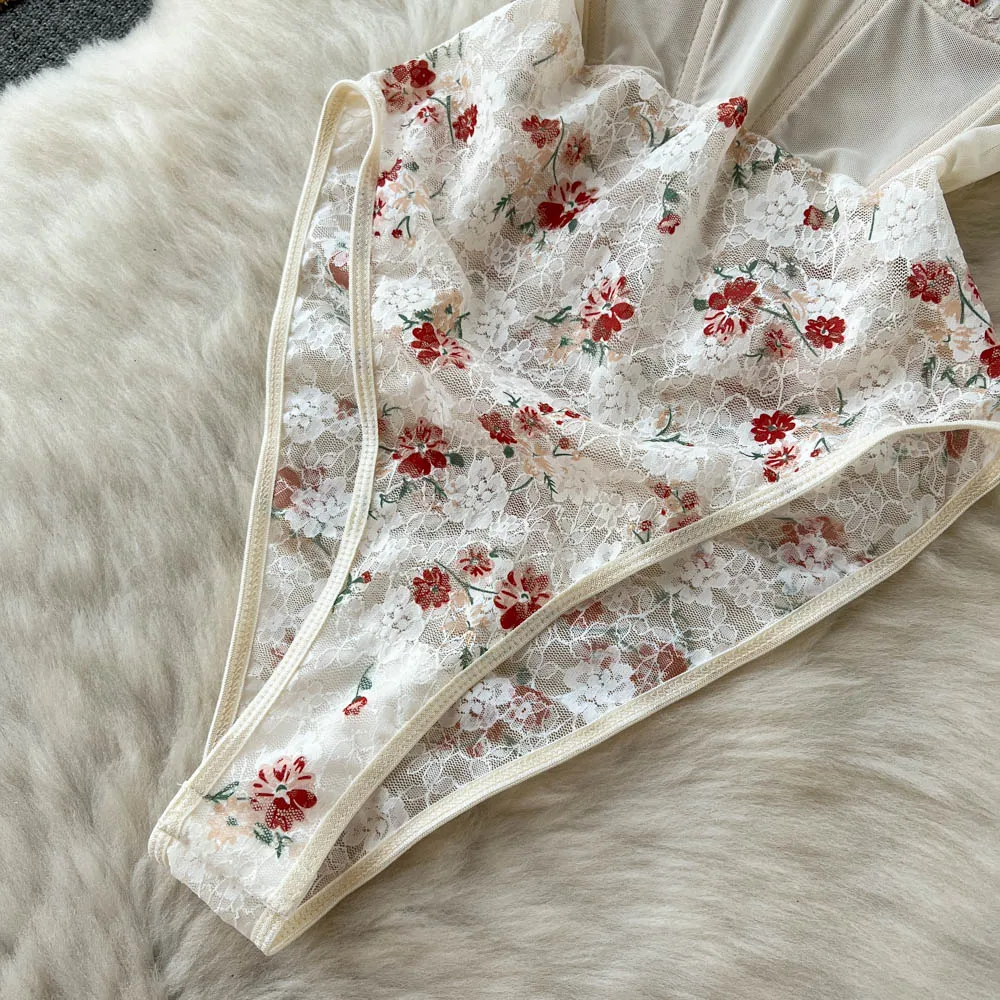 Magdalyn Women Halter Floral Print Rompers Fashion Korean Design Streetwear Party Combination Catsuits One Piece Mesh Bodysuits