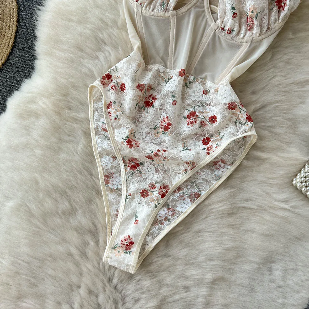 Magdalyn Women Halter Floral Print Rompers Fashion Korean Design Streetwear Party Combination Catsuits One Piece Mesh Bodysuits