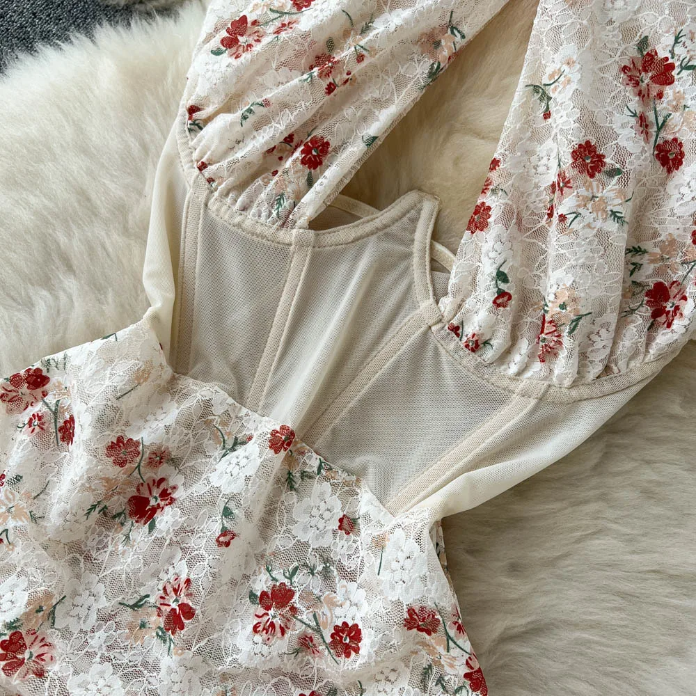 Magdalyn Women Halter Floral Print Rompers Fashion Korean Design Streetwear Party Combination Catsuits One Piece Mesh Bodysuits