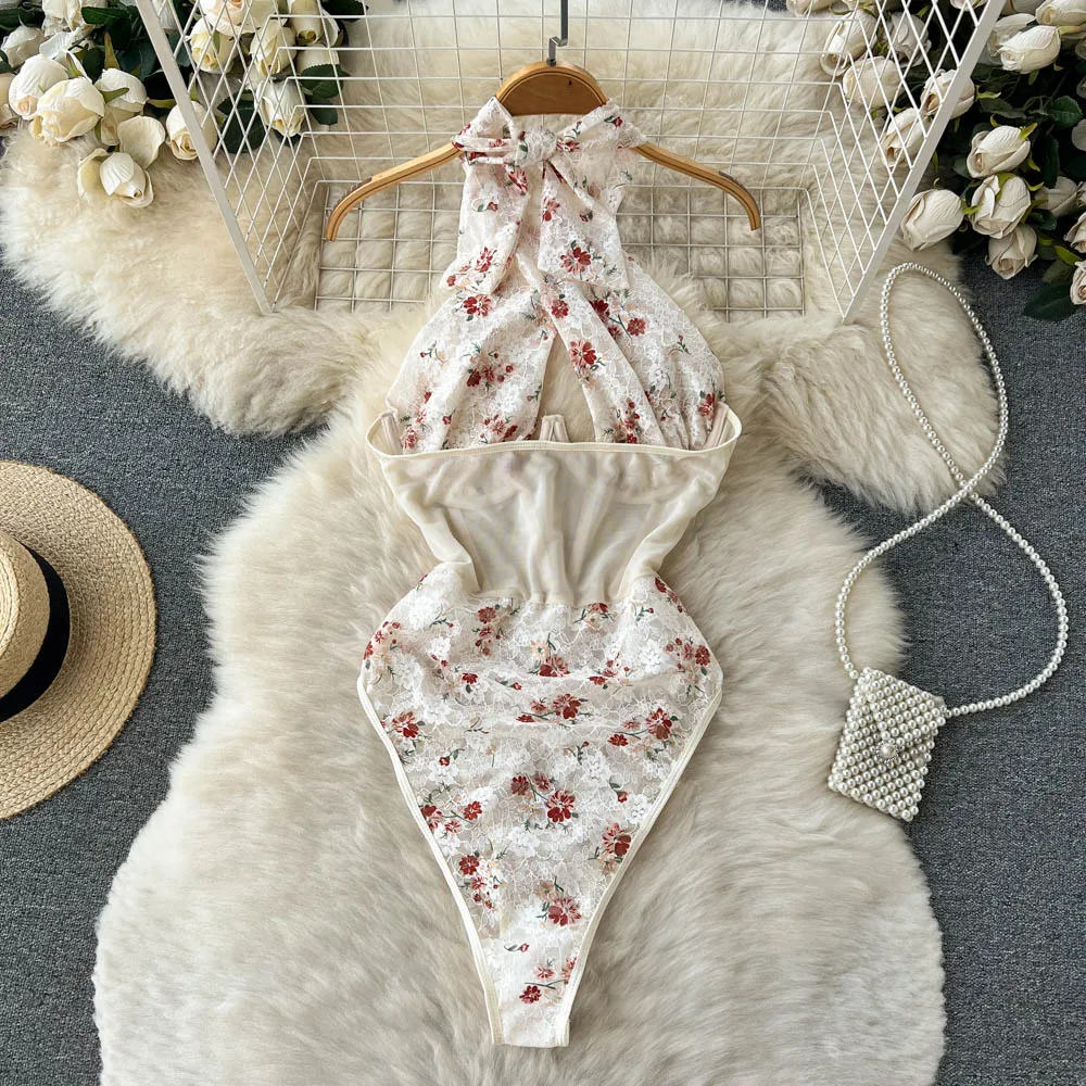 Magdalyn Women Halter Floral Print Rompers Fashion Korean Design Streetwear Party Combination Catsuits One Piece Mesh Bodysuits