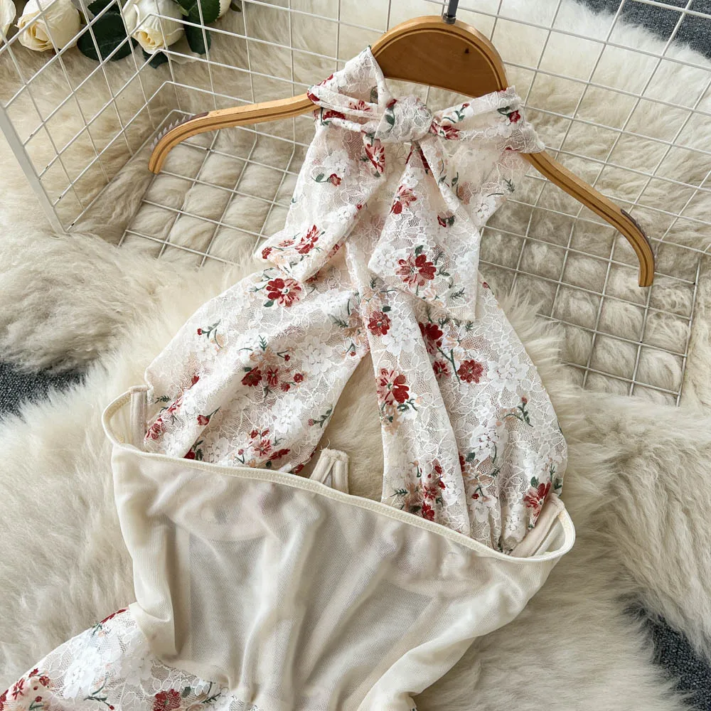Magdalyn Women Halter Floral Print Rompers Fashion Korean Design Streetwear Party Combination Catsuits One Piece Mesh Bodysuits