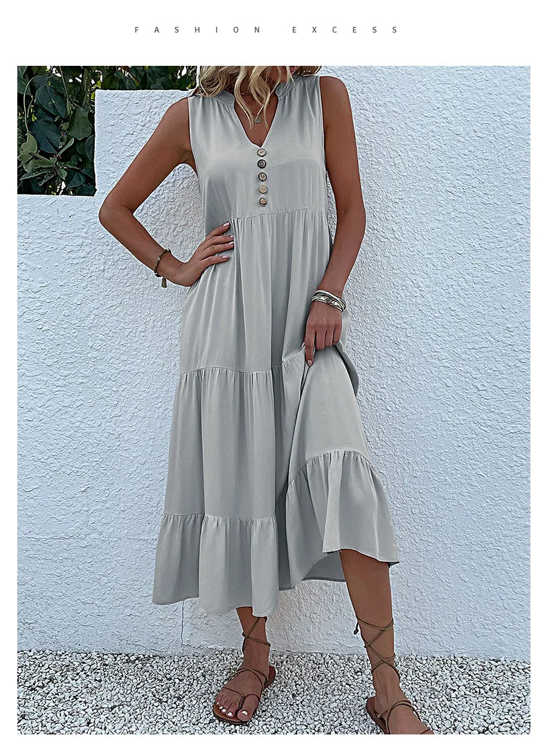 Casual Summer Midi Dress Women Sleeveless Tank V Neck Buttons Ruffle Loose Dresses Beach Soild Sundress Fashion