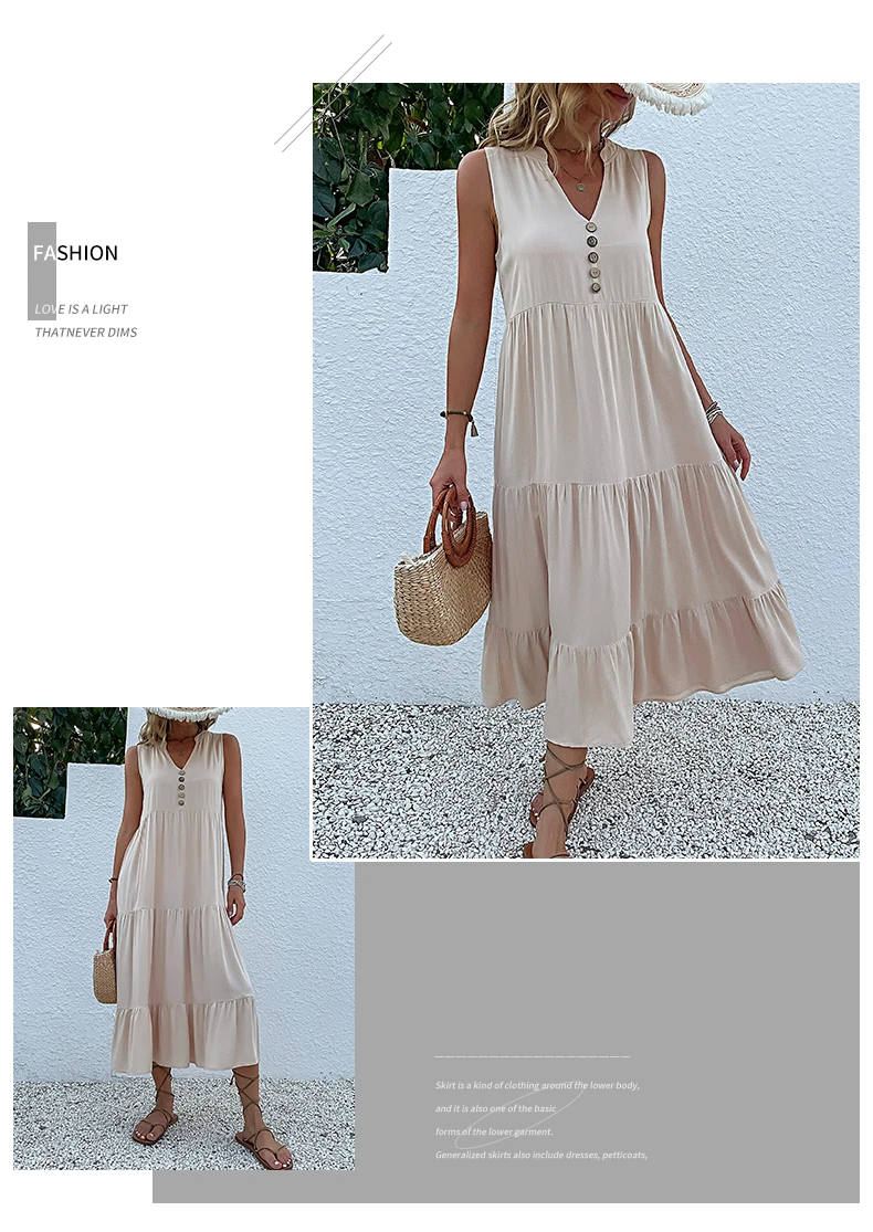 Casual Summer Midi Dress Women Sleeveless Tank V Neck Buttons Ruffle Loose Dresses Beach Soild Sundress Fashion