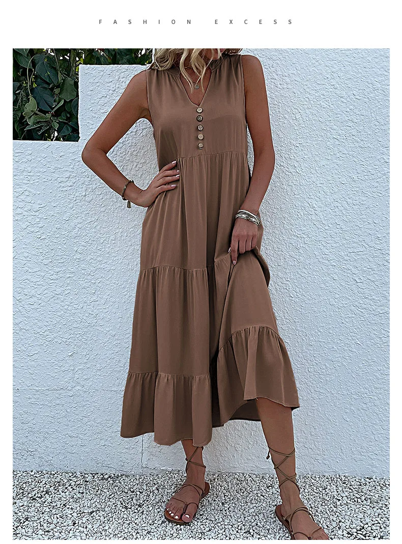Casual Summer Midi Dress Women Sleeveless Tank V Neck Buttons Ruffle Loose Dresses Beach Soild Sundress Fashion