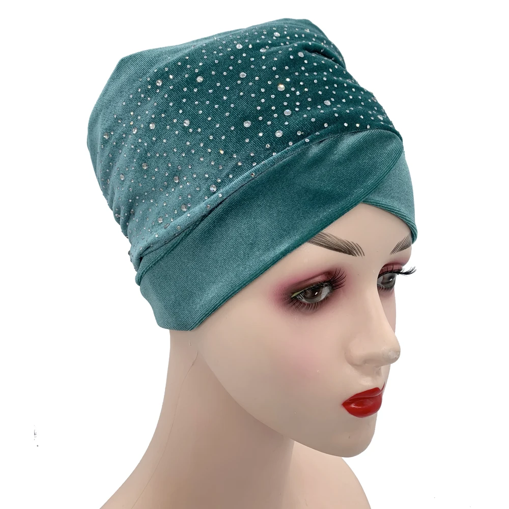 Rhinestone Velvet Muslim Scarf Hijab Ready to Wear Turban Caps African Hat Women's Head Wraps Female Headscarf Bonnet
