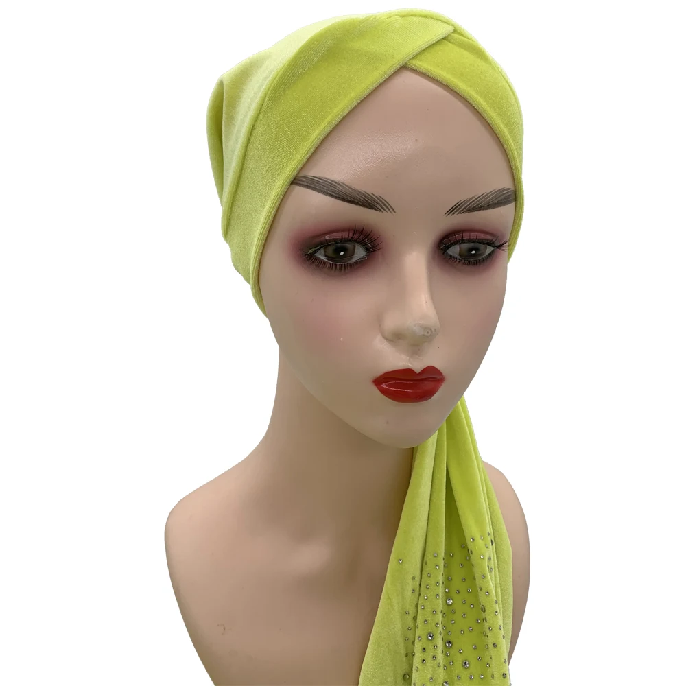 Rhinestone Velvet Muslim Scarf Hijab Ready to Wear Turban Caps African Hat Women's Head Wraps Female Headscarf Bonnet