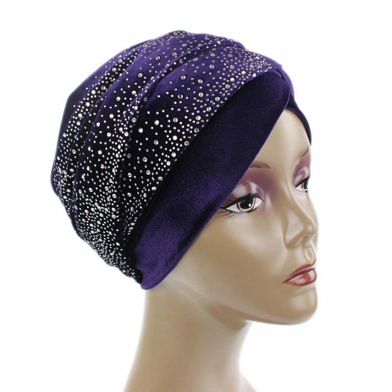 Rhinestone Velvet Muslim Scarf Hijab Ready to Wear Turban Caps African Hat Women's Head Wraps Female Headscarf Bonnet