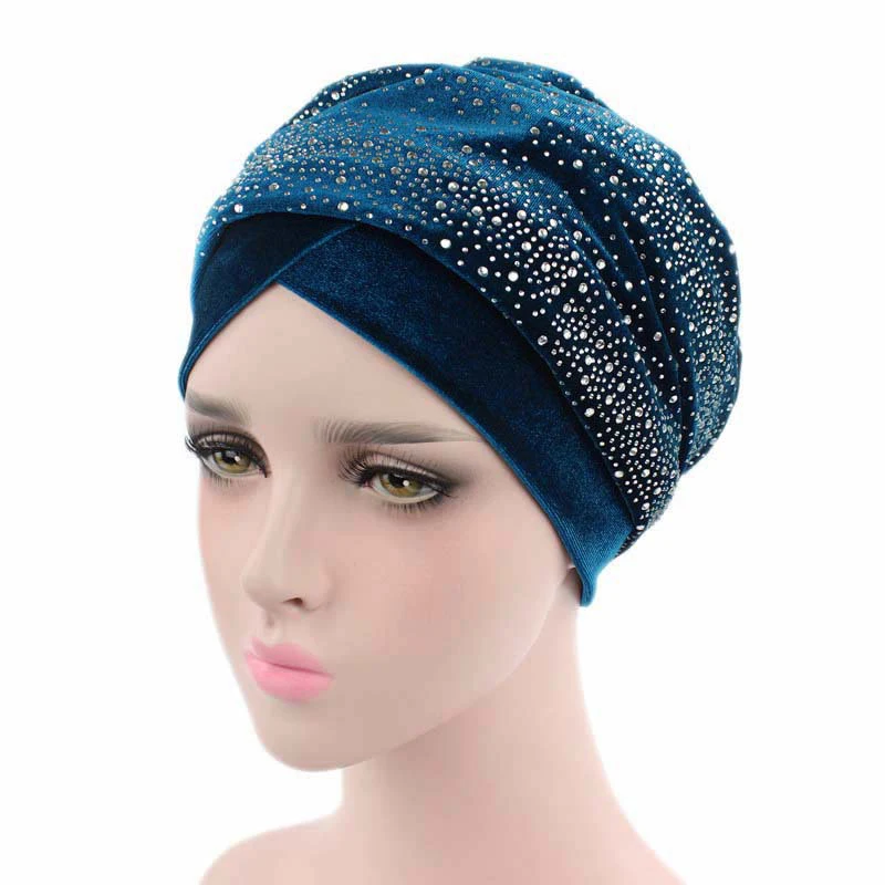 Rhinestone Velvet Muslim Scarf Hijab Ready to Wear Turban Caps African Hat Women's Head Wraps Female Headscarf Bonnet