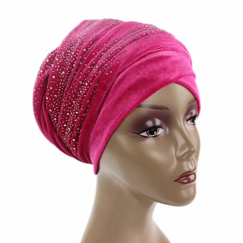 Rhinestone Velvet Muslim Scarf Hijab Ready to Wear Turban Caps African Hat Women's Head Wraps Female Headscarf Bonnet