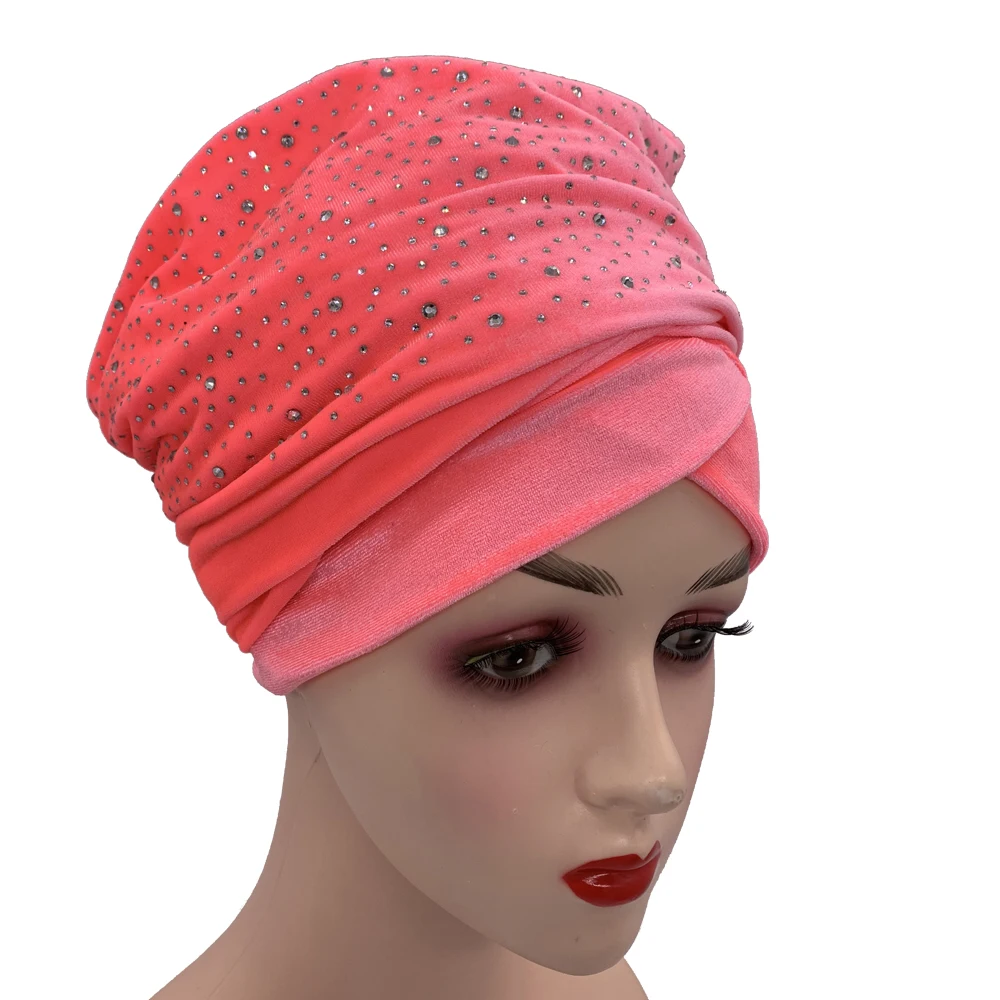 Rhinestone Velvet Muslim Scarf Hijab Ready to Wear Turban Caps African Hat Women's Head Wraps Female Headscarf Bonnet