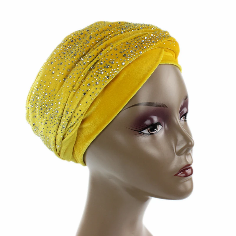 Rhinestone Velvet Muslim Scarf Hijab Ready to Wear Turban Caps African Hat Women's Head Wraps Female Headscarf Bonnet