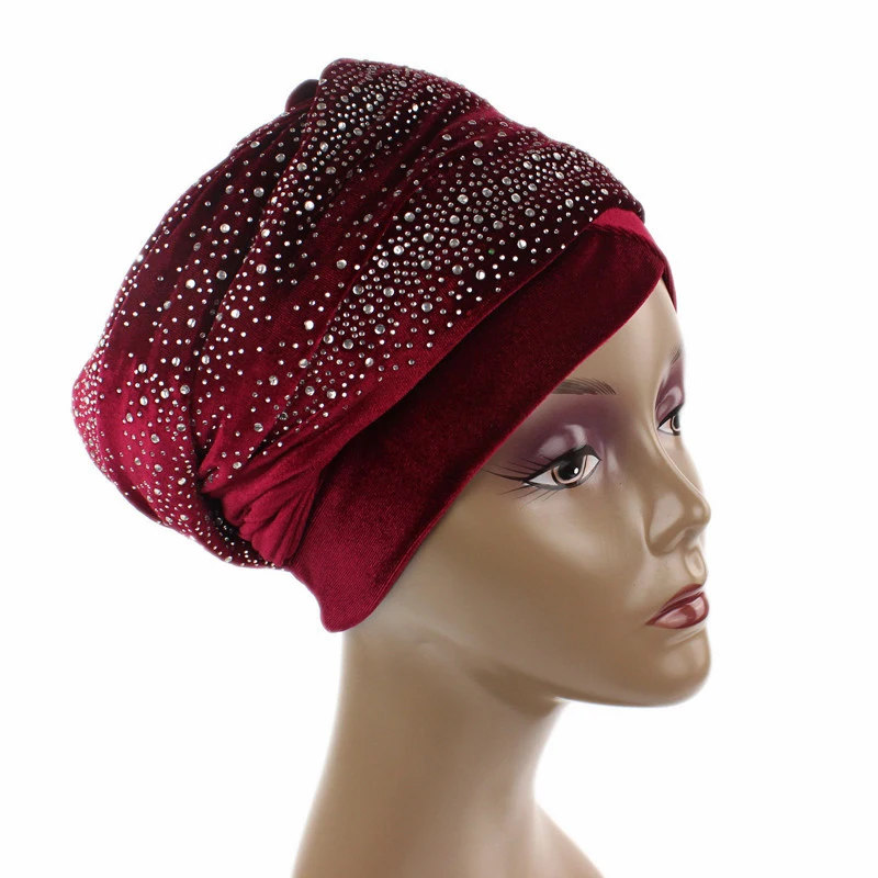 Rhinestone Velvet Muslim Scarf Hijab Ready to Wear Turban Caps African Hat Women's Head Wraps Female Headscarf Bonnet
