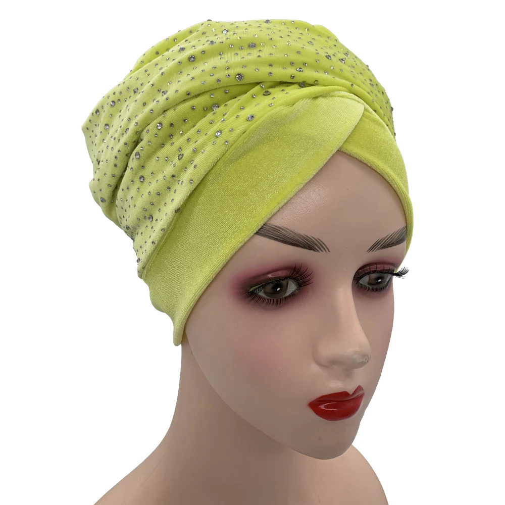 Rhinestone Velvet Muslim Scarf Hijab Ready to Wear Turban Caps African Hat Women's Head Wraps Female Headscarf Bonnet