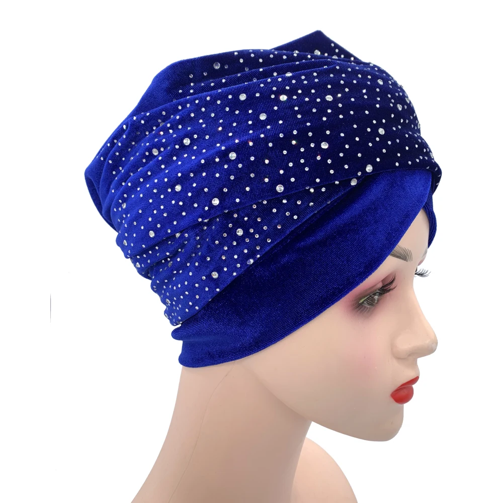 Rhinestone Velvet Muslim Scarf Hijab Ready to Wear Turban Caps African Hat Women's Head Wraps Female Headscarf Bonnet