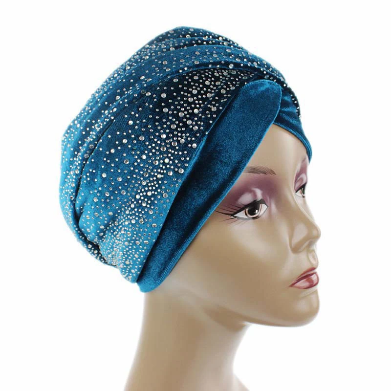 Rhinestone Velvet Muslim Scarf Hijab Ready to Wear Turban Caps African Hat Women's Head Wraps Female Headscarf Bonnet