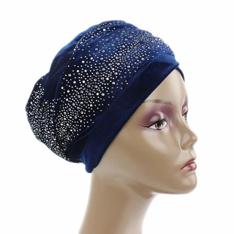 Rhinestone Velvet Muslim Scarf Hijab Ready to Wear Turban Caps African Hat Women's Head Wraps Female Headscarf Bonnet