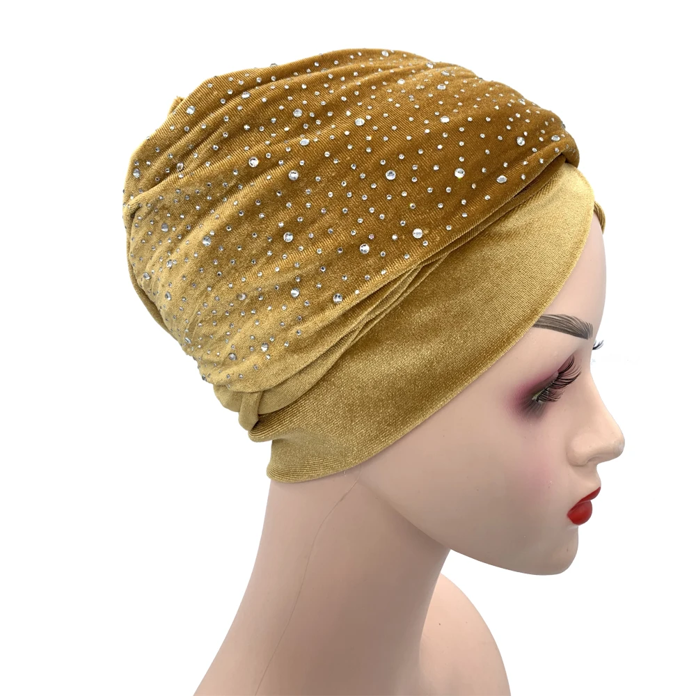Rhinestone Velvet Muslim Scarf Hijab Ready to Wear Turban Caps African Hat Women's Head Wraps Female Headscarf Bonnet