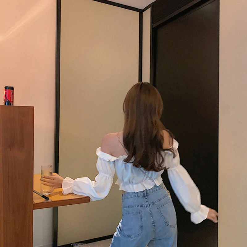 Women Top Sexy Blouse Off Shoulder Top Long Sleeve Solid Color White Shirt Puff Sleeve Ruffle Tunic Crop Top Summer Tube Top