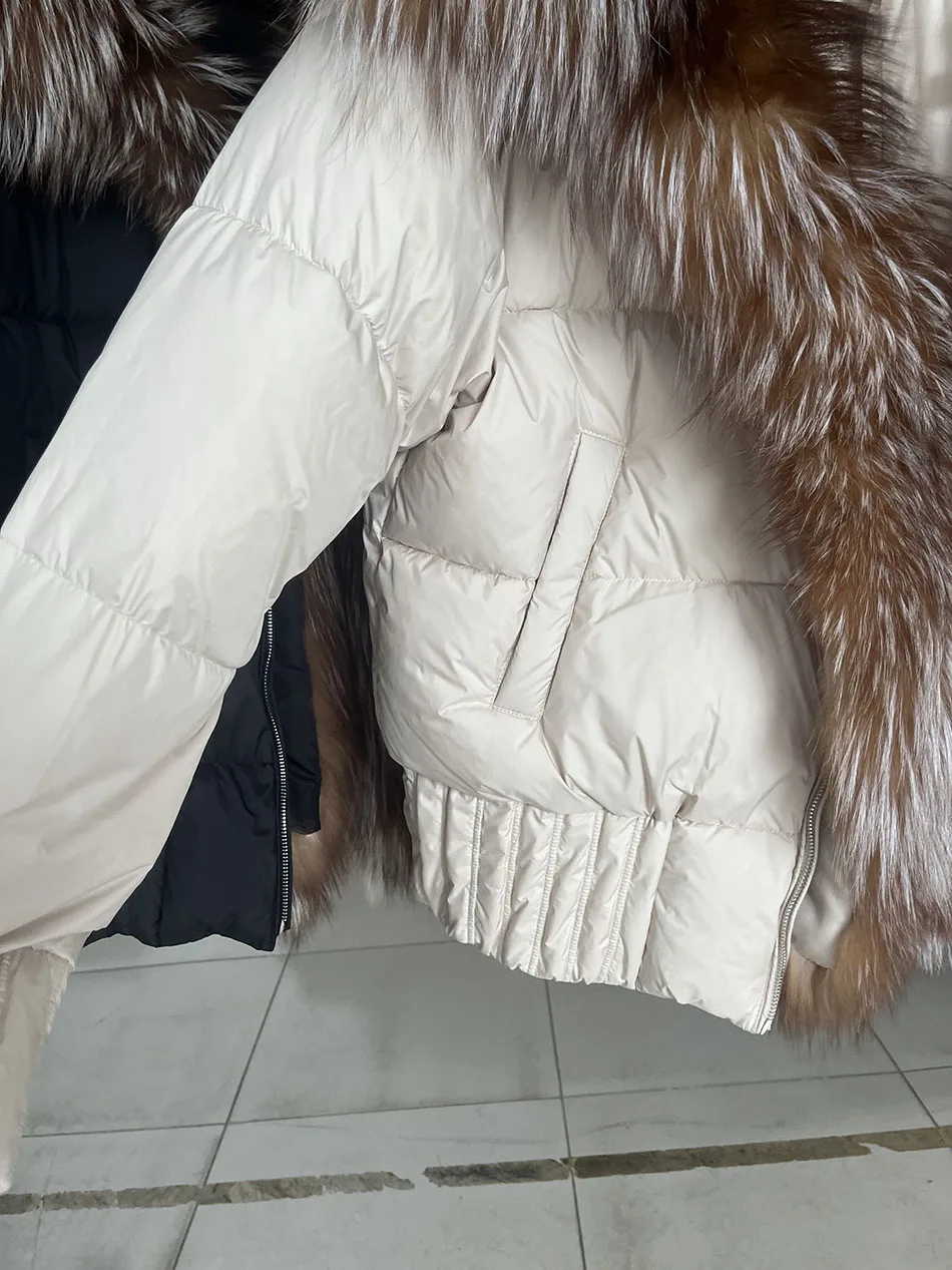 MAOMAOKONG 2026 Winter Women Warm White Duck Down Jacket Natural Real Fox Fur Collar Hood Puffer Coat Thick Luxury Outerwear