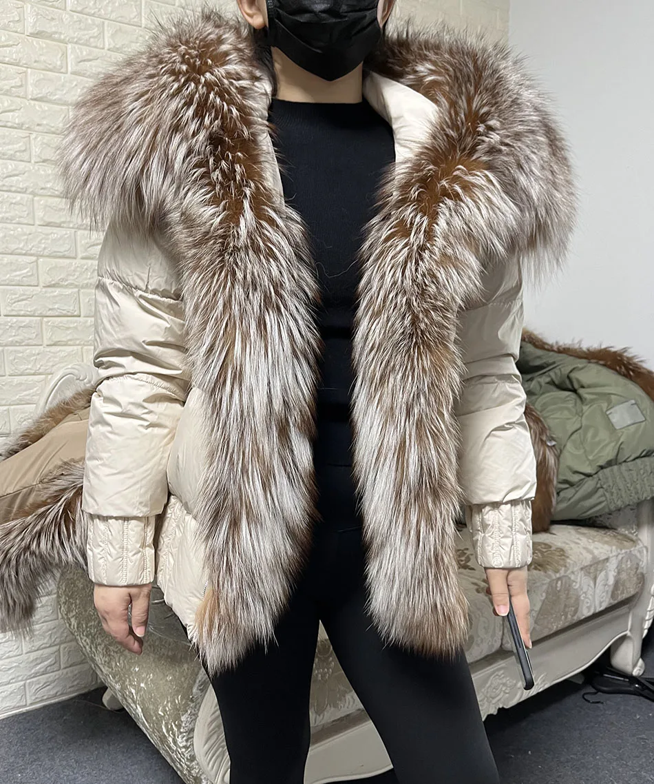 MAOMAOKONG 2026 Winter Women Warm White Duck Down Jacket Natural Real Fox Fur Collar Hood Puffer Coat Thick Luxury Outerwear