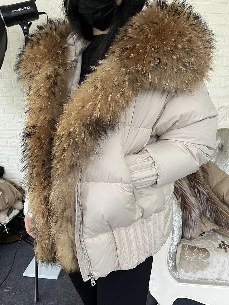 MAOMAOKONG 2026 Winter Women Warm White Duck Down Jacket Natural Real Fox Fur Collar Hood Puffer Coat Thick Luxury Outerwear
