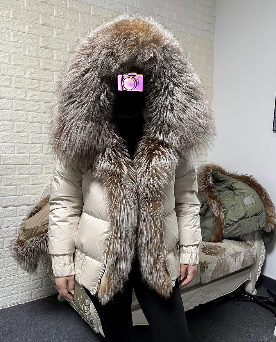 MAOMAOKONG 2026 Winter Women Warm White Duck Down Jacket Natural Real Fox Fur Collar Hood Puffer Coat Thick Luxury Outerwear