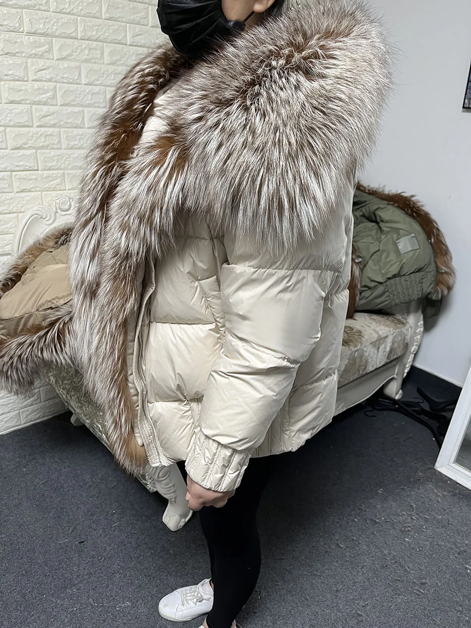 MAOMAOKONG 2026 Winter Women Warm White Duck Down Jacket Natural Real Fox Fur Collar Hood Puffer Coat Thick Luxury Outerwear
