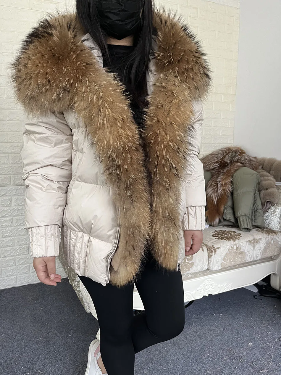 MAOMAOKONG 2026 Winter Women Warm White Duck Down Jacket Natural Real Fox Fur Collar Hood Puffer Coat Thick Luxury Outerwear