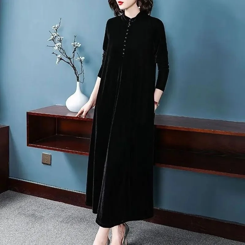 Women's Korean version Fat mm350 jin Golden Velvet Dress Female Spring and Autumn Fashionable Knee Length Mom's Wide Wife Dress