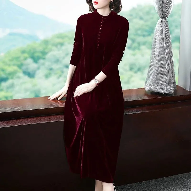 Women's Korean version Fat mm350 jin Golden Velvet Dress Female Spring and Autumn Fashionable Knee Length Mom's Wide Wife Dress