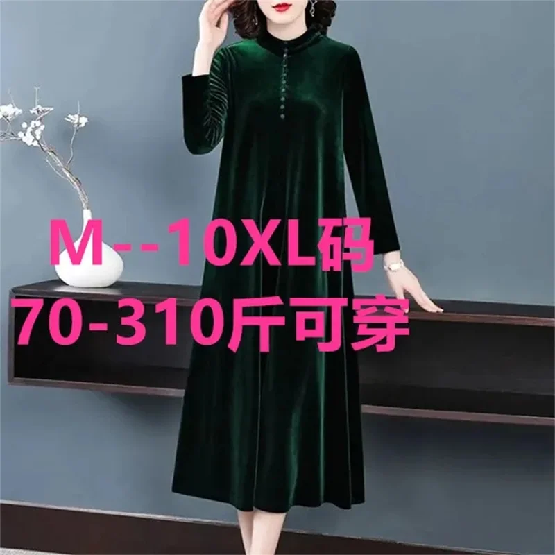 Women's Korean version Fat mm350 jin Golden Velvet Dress Female Spring and Autumn Fashionable Knee Length Mom's Wide Wife Dress