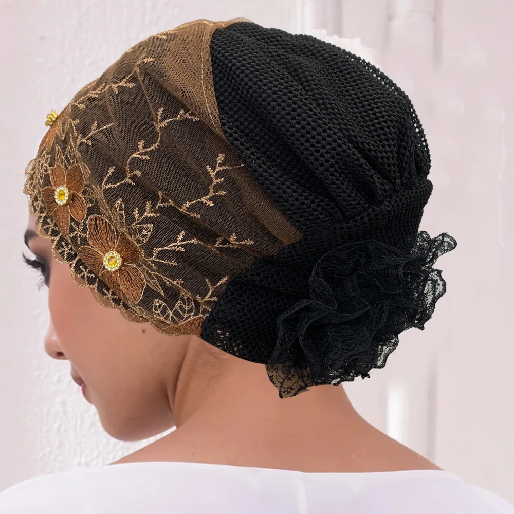 Embroidery Turban Cap for Women Summer Breathable Head Wraps Bonnet Muslim Under Scarf Hat Cancer Chemo Hats Turbante Mujer