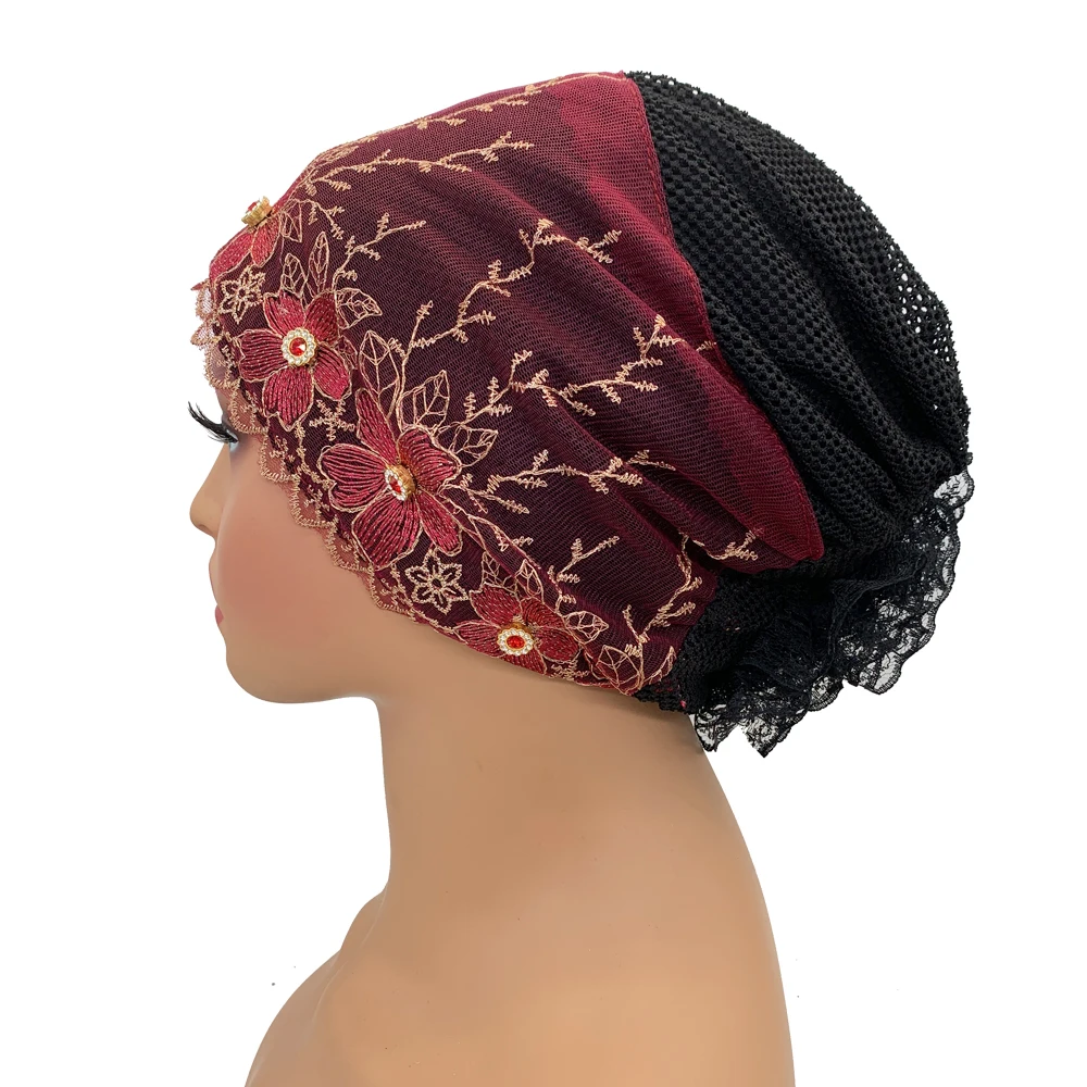 Embroidery Turban Cap for Women Summer Breathable Head Wraps Bonnet Muslim Under Scarf Hat Cancer Chemo Hats Turbante Mujer