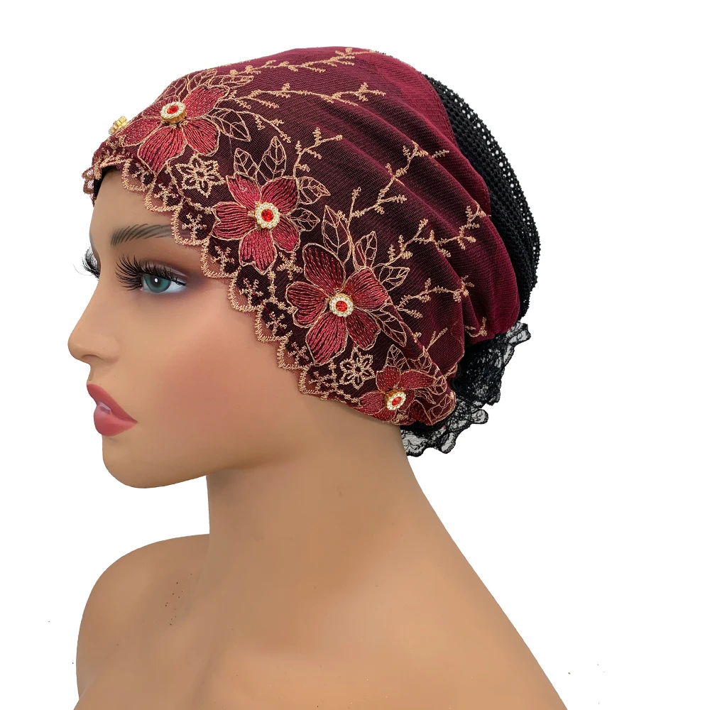 Embroidery Turban Cap for Women Summer Breathable Head Wraps Bonnet Muslim Under Scarf Hat Cancer Chemo Hats Turbante Mujer