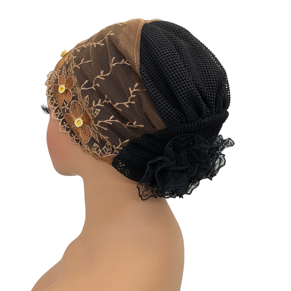 Embroidery Turban Cap for Women Summer Breathable Head Wraps Bonnet Muslim Under Scarf Hat Cancer Chemo Hats Turbante Mujer