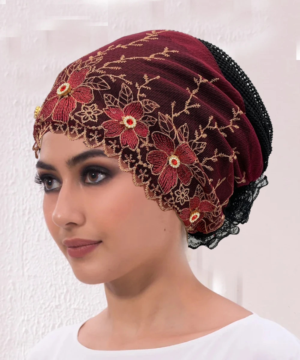 Embroidery Turban Cap for Women Summer Breathable Head Wraps Bonnet Muslim Under Scarf Hat Cancer Chemo Hats Turbante Mujer