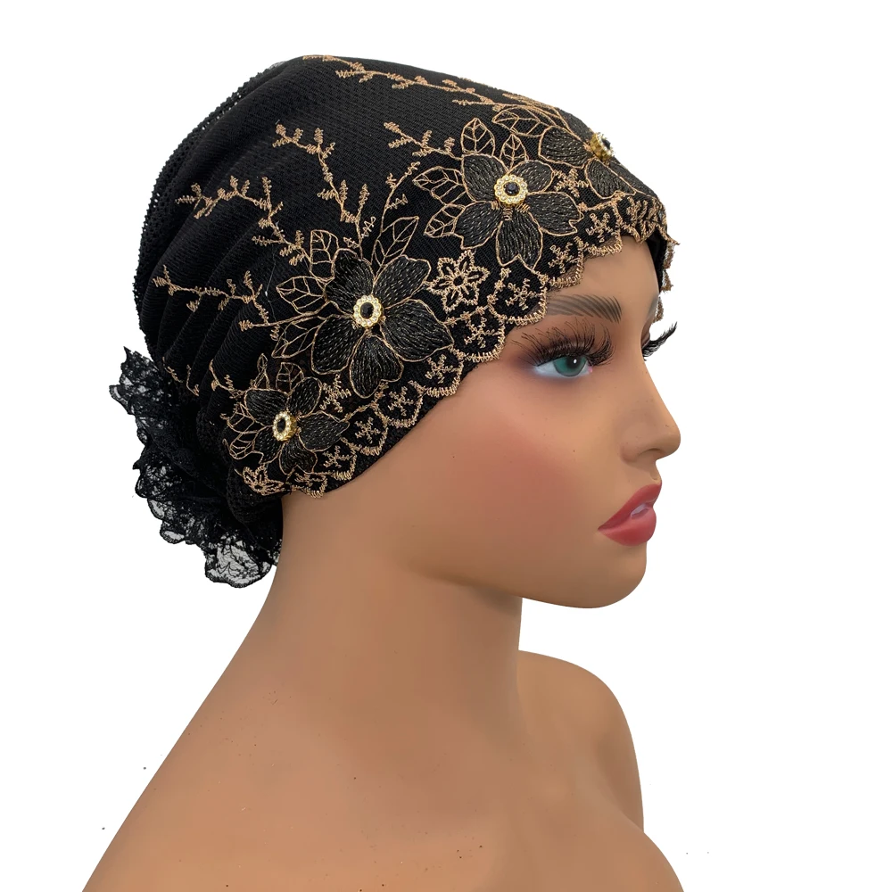 Embroidery Turban Cap for Women Summer Breathable Head Wraps Bonnet Muslim Under Scarf Hat Cancer Chemo Hats Turbante Mujer