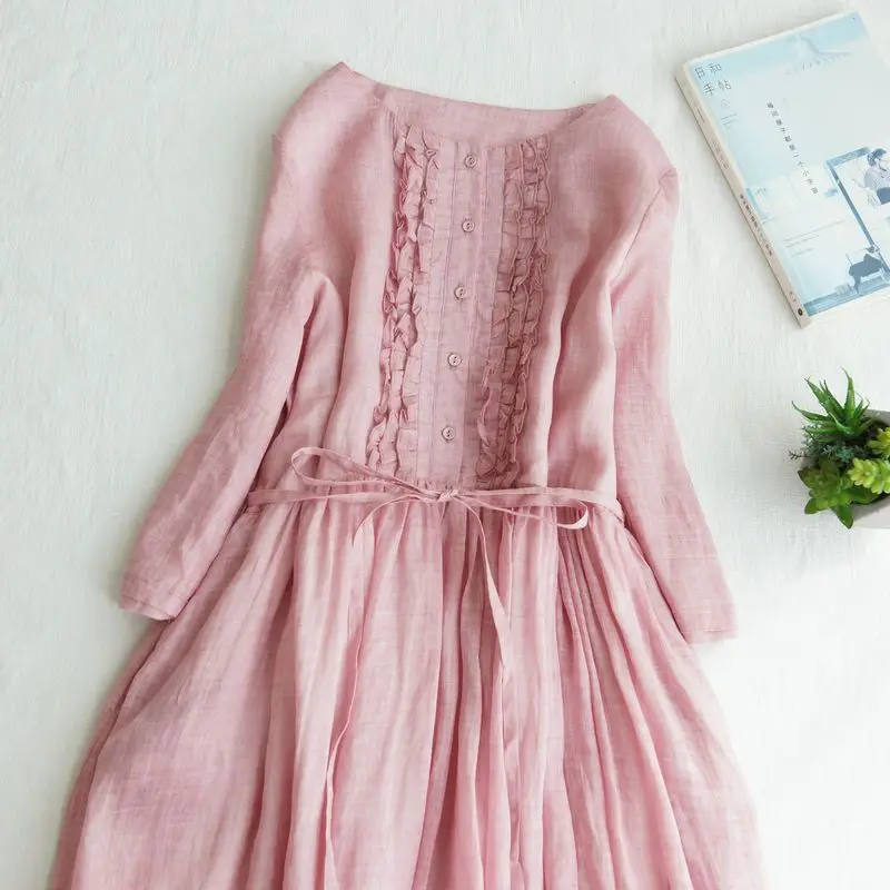 2026 New cotton linen Short Sleeve Vintage Summer Dress sashes Slim Elegant Lady Work Dress Women Casual Midi Dress