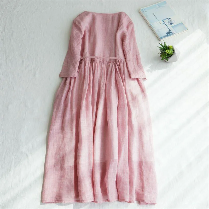 2026 New cotton linen Short Sleeve Vintage Summer Dress sashes Slim Elegant Lady Work Dress Women Casual Midi Dress