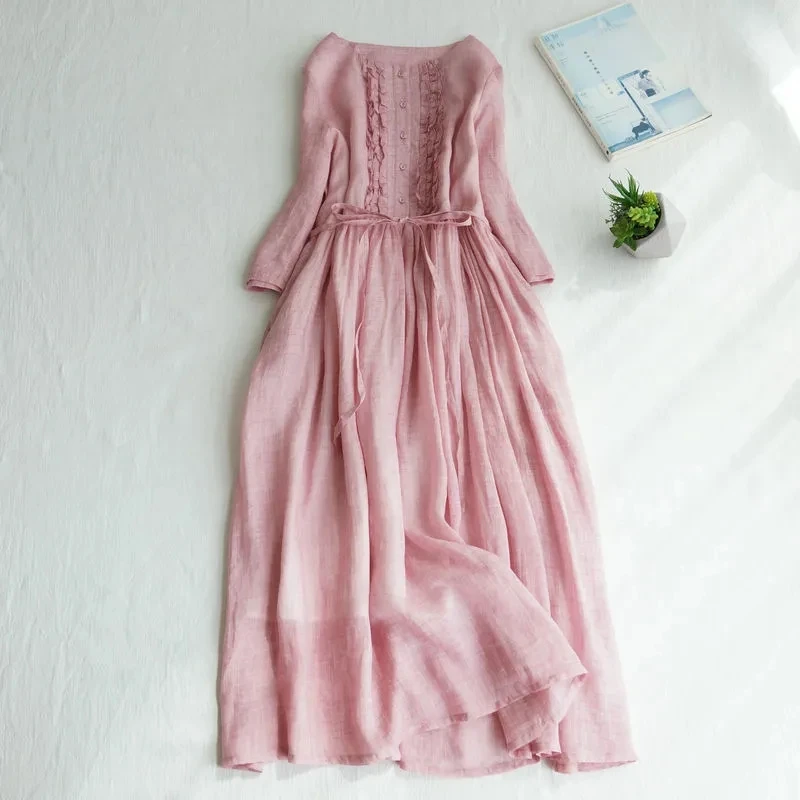 2026 New cotton linen Short Sleeve Vintage Summer Dress sashes Slim Elegant Lady Work Dress Women Casual Midi Dress