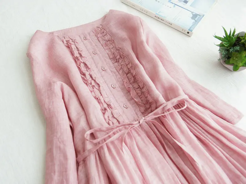 2026 New cotton linen Short Sleeve Vintage Summer Dress sashes Slim Elegant Lady Work Dress Women Casual Midi Dress