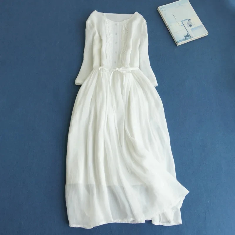 2026 New cotton linen Short Sleeve Vintage Summer Dress sashes Slim Elegant Lady Work Dress Women Casual Midi Dress