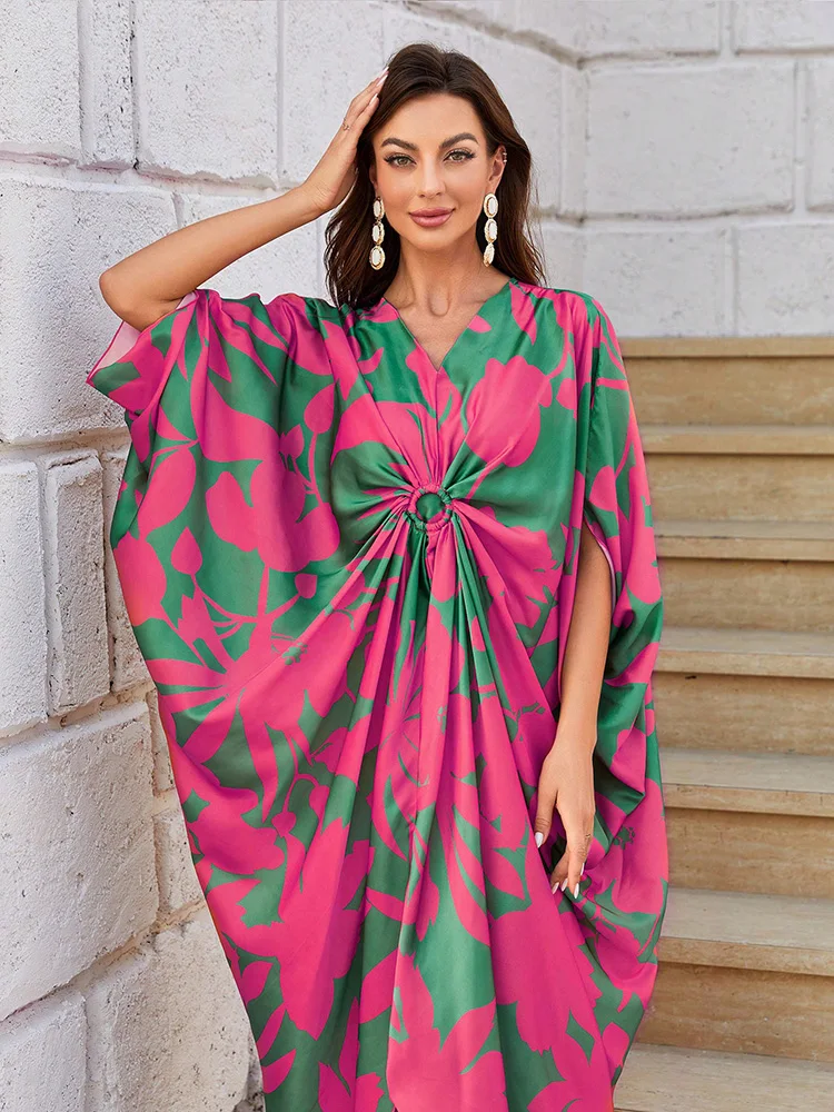 TOLEEN 2024 Summer Casual Elegant Arabian Long Dresses Women's Floral Print Batwing Sleeve O-ring Detail Asymmetrical Hem Dress