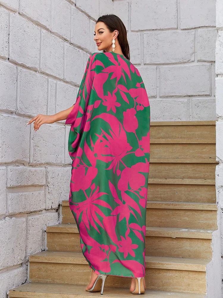 TOLEEN 2024 Summer Casual Elegant Arabian Long Dresses Women's Floral Print Batwing Sleeve O-ring Detail Asymmetrical Hem Dress