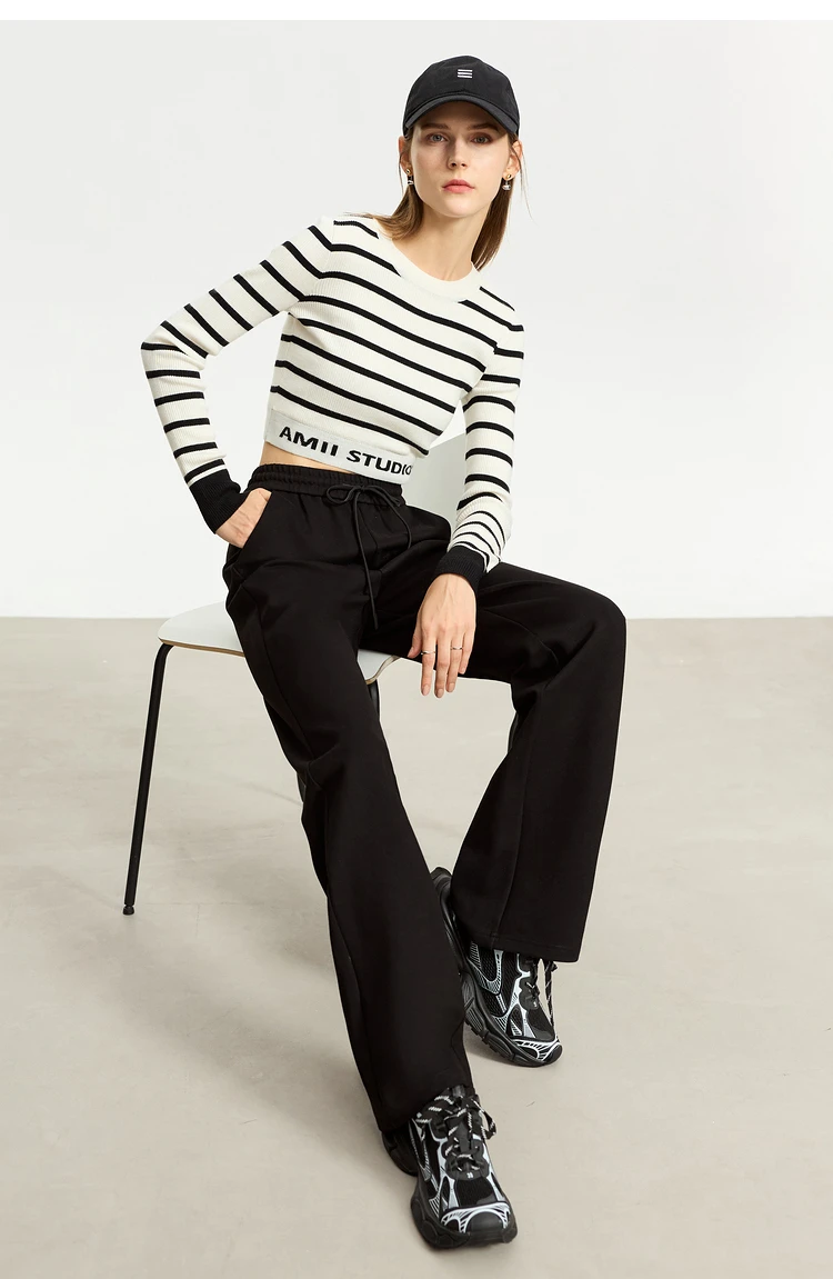 AMII Minimalism Casual Pants for Women 2025 Autumn Wide Leg New Loose Vertical Elastic Waist Drawstring Sporty Trousers 12343338