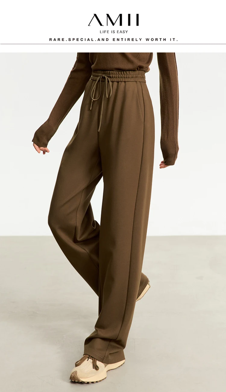 AMII Minimalism Casual Pants for Women 2025 Autumn Wide Leg New Loose Vertical Elastic Waist Drawstring Sporty Trousers 12343338