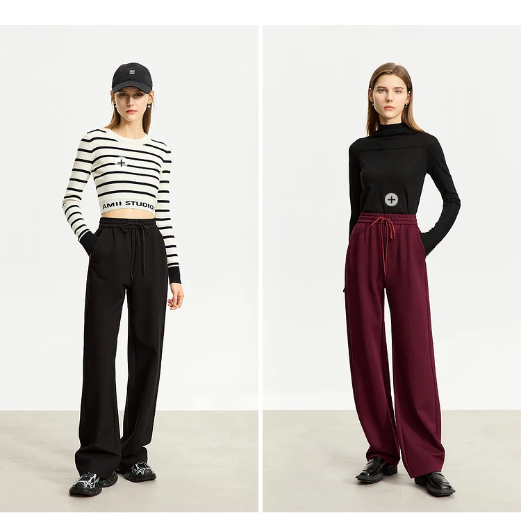 AMII Minimalism Casual Pants for Women 2025 Autumn Wide Leg New Loose Vertical Elastic Waist Drawstring Sporty Trousers 12343338