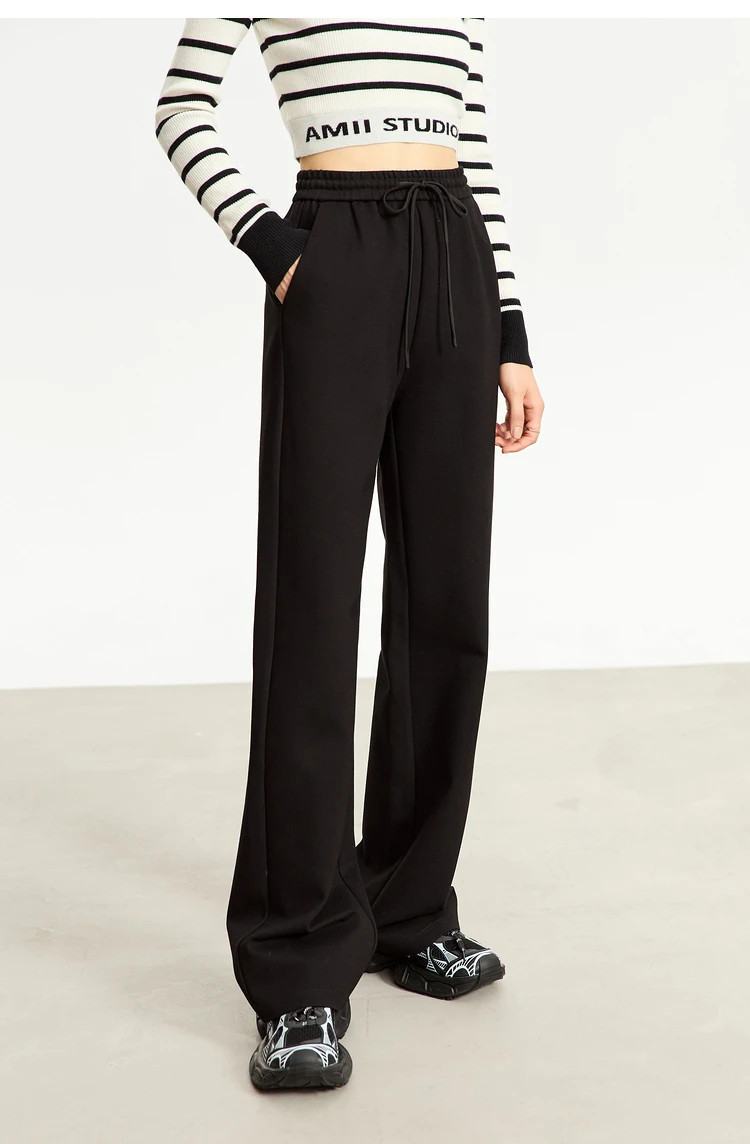 AMII Minimalism Casual Pants for Women 2025 Autumn Wide Leg New Loose Vertical Elastic Waist Drawstring Sporty Trousers 12343338