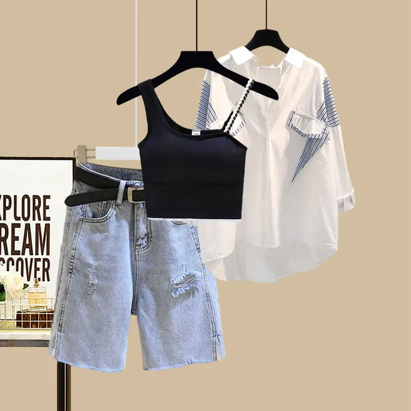 Spring/Summer Fashion Set Women's 2024 New Sunscreen Shirt Slimming Slim Slim Strap Versatile Denim Shorts Three Piece Set